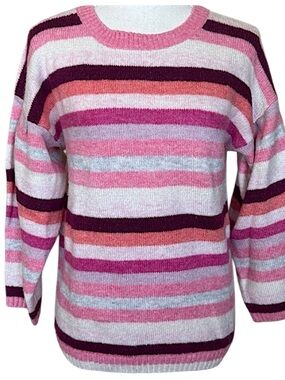 Gap Forever Cozy Crewneck Sweater Drop Sleeve Pink Stripe Cozy Classic Wool Knit